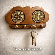 Load image into Gallery viewer, St. Benedict Wooden Key Holder Antique Brass Medals &amp; Hooks – Catholic Home Wall Organizer (6.5" x 3.5")
