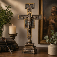 Load image into Gallery viewer, San Damiano Crucifix on Stand – Catholic Cold Cast Bronze Cross, 14.25”
