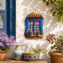Load image into Gallery viewer, Portuguese Window Hanging Plaque with Blue Shutters &amp; Floral Tile Design
