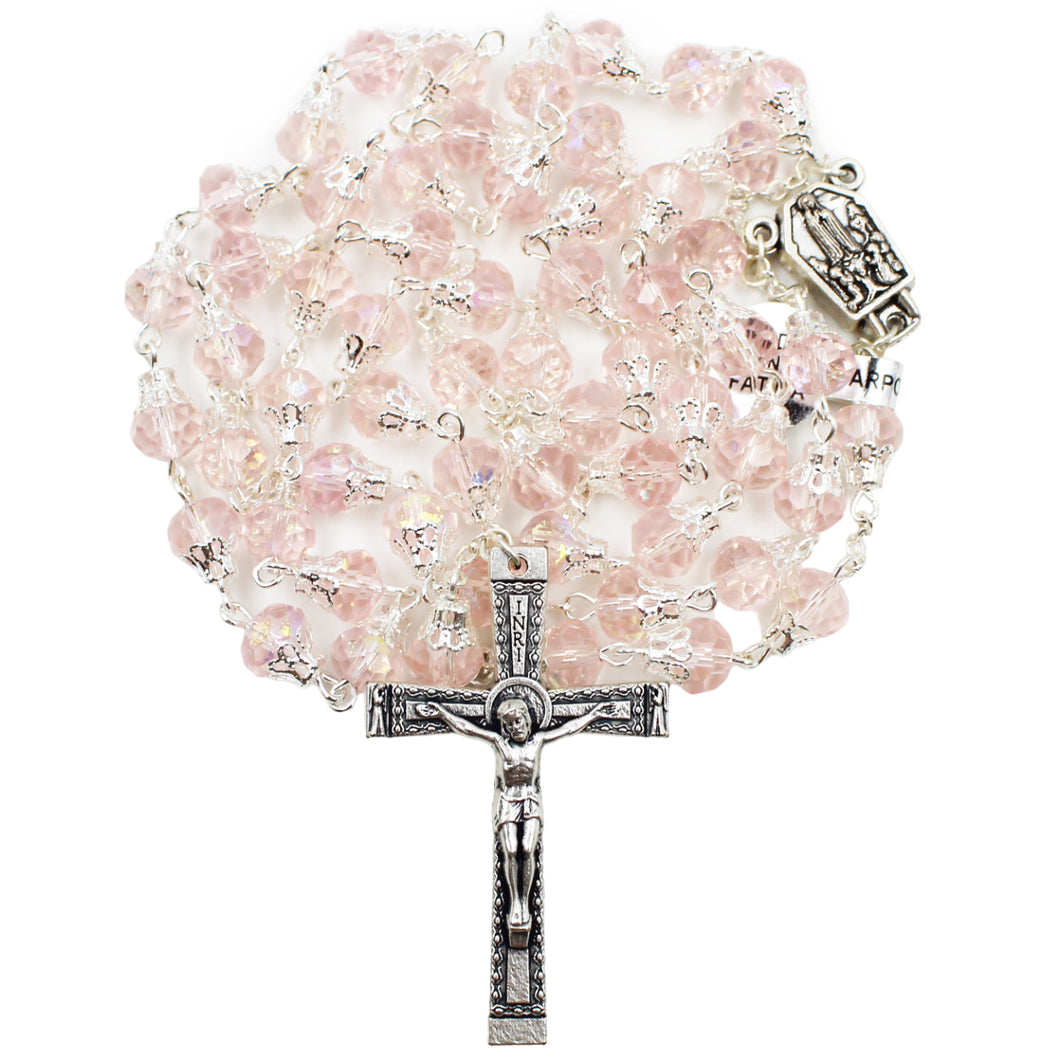 Our Lady of Fatima Rosary with Light Pink Beads, Medallion, and Case