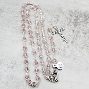 Our Lady of Fatima Rosary with Light Pink Beads, Medallion, and Case