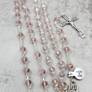 Our Lady of Fatima Rosary with Light Pink Beads, Medallion, and Case