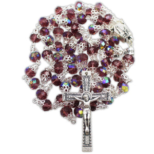 Our Lady of Fatima Rosary with Purple Iridescent Beads, Medallion, and Case