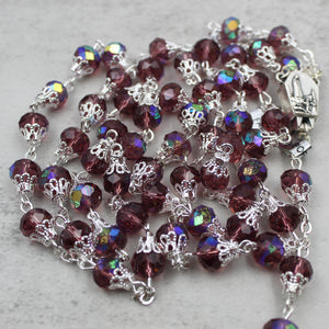 Our Lady of Fatima Rosary with Purple Iridescent Beads, Medallion, and Case