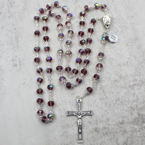 Our Lady of Fatima Rosary with Purple Iridescent Beads, Medallion, and Case