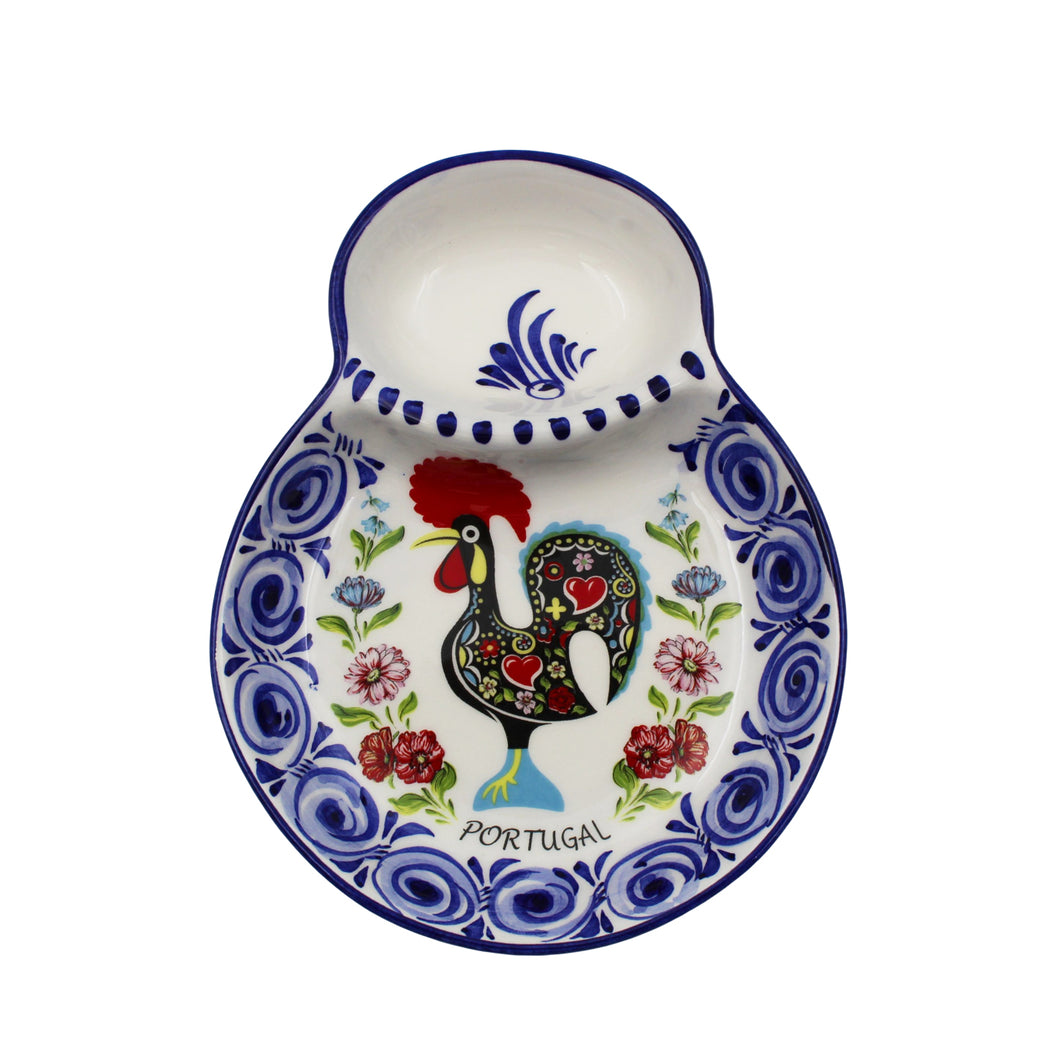 Hand-painted Decorative Ceramic Portuguese Blue Floral and Rooster Olive Dish