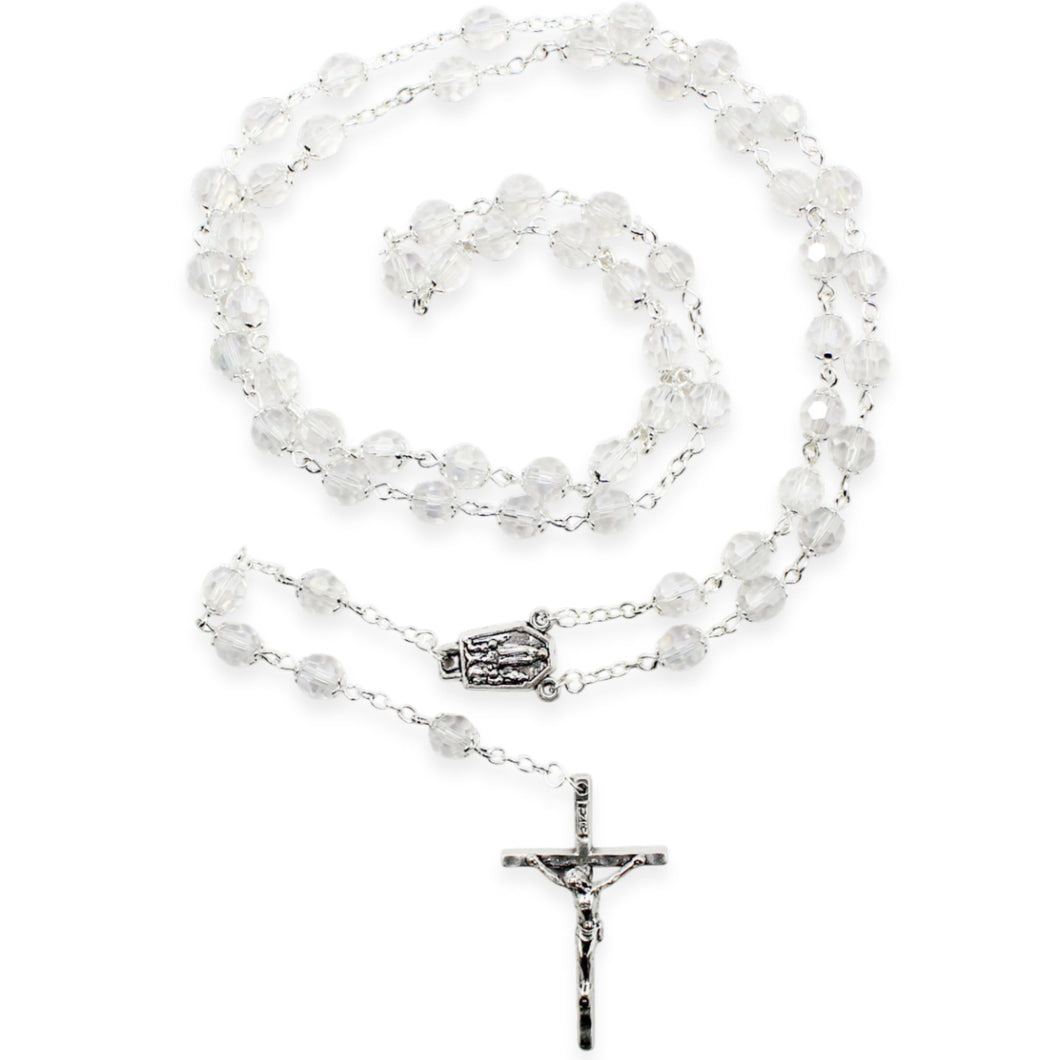 Our Lady of Fatima Rosary – 8mm Clear Faceted Crystal Beads with Silver Tone Crucifix