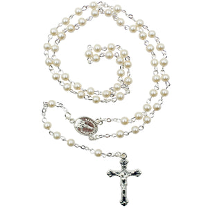 Our Lady of Fatima Rosary – 4mm Pearl Beads with Silver Tone Crucifix and Fatima Medallion