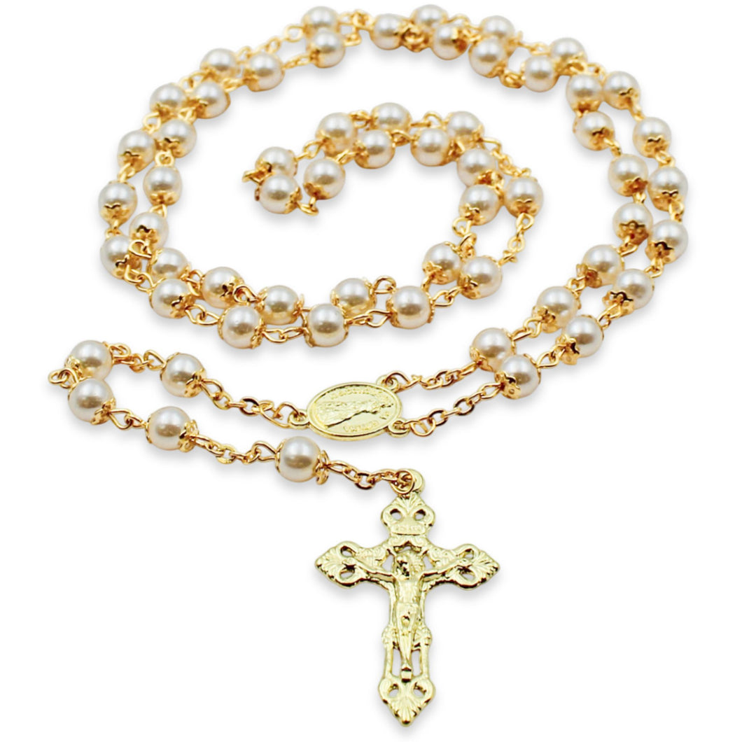 Our Lady of Fatima Rosary – 6mm Pearl Beads with Gold Tone Crucifix and Fatima Medallion