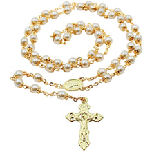 Load image into Gallery viewer, Our Lady of Fatima Rosary – 6mm Pearl Beads with Gold Tone Crucifix and Fatima Medallion
