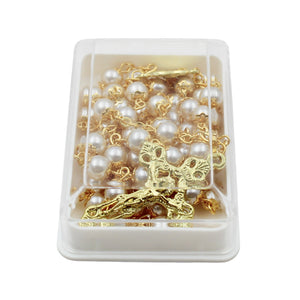 Our Lady of Fatima Rosary – 6mm Pearl Beads with Gold Tone Crucifix and Fatima Medallion