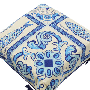 Portuguese Azulejo Inspired Cotton Bread Basket with Decorative Ties, Blue and Cream