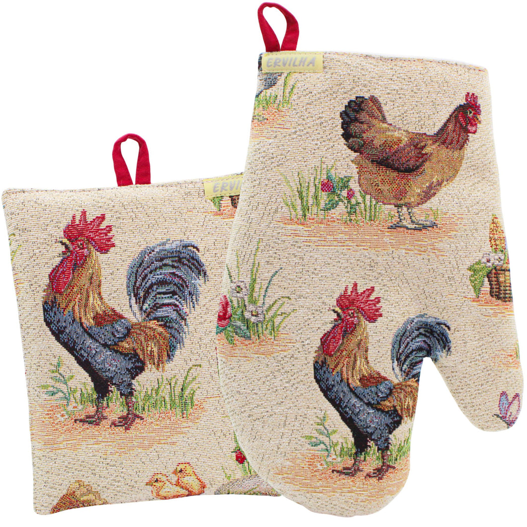 Farmhouse Rooster Tapestry Oven Mitt and Pot Holder Set