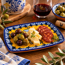 Load image into Gallery viewer, Xarazarte Azulejo Sol Small Rectangular Platter, Hand-Painted Terracotta
