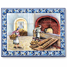 Load image into Gallery viewer, Portuguese Ceramic Tile Wall Panel – Traditional Bakery Scene with Bread Makers &amp; Blue Azulejo Border (23.5" W x 17.6" H)
