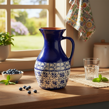 Load image into Gallery viewer, Xarazarte Geometric Blue Wine Pitcher, Hand-Painted Terracotta
