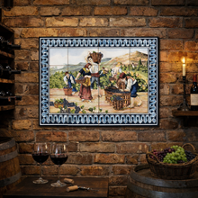 Load image into Gallery viewer, Portuguese Ceramic Tile Wall Panel – Vineyard Harvest Scene with Grape Pickers &amp; Blue Azulejo Border (23.5" W x 17.6" H)
