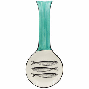 Portuguese Ceramic Spoon Rest with Sardine Design - Green Handle