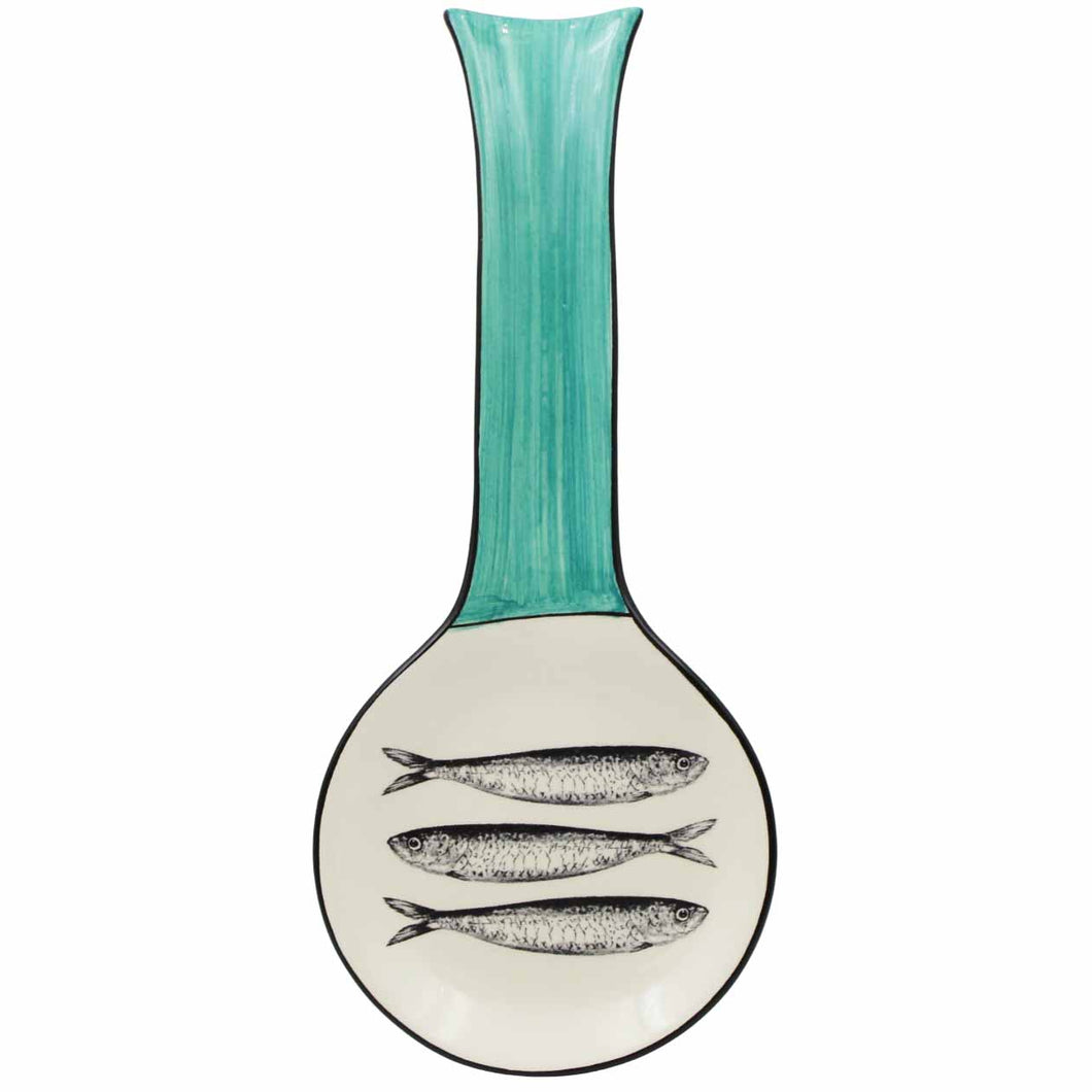 Portuguese Ceramic Spoon Rest with Sardine Design - Green Handle