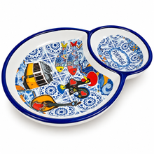 Load image into Gallery viewer, Portuguese Ceramic Olive Dish with Pit Holder – Rooster, Sardines &amp; Azulejo Design
