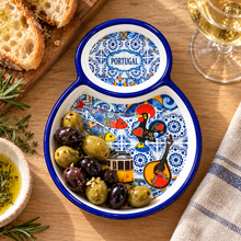 Load image into Gallery viewer, Portuguese Ceramic Olive Dish with Pit Holder – Rooster, Sardines &amp; Azulejo Design
