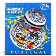 Load image into Gallery viewer, Portuguese Ceramic Olive Dish with Pit Holder – Rooster, Sardines &amp; Azulejo Design

