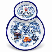 Load image into Gallery viewer, Portuguese Ceramic Olive Dish with Pit Holder – Blue Azulejo &amp; Traditional Icons
