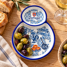 Load image into Gallery viewer, Portuguese Ceramic Olive Dish with Pit Holder – Blue Azulejo &amp; Traditional Icons
