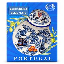 Load image into Gallery viewer, Portuguese Ceramic Olive Dish with Pit Holder – Blue Azulejo &amp; Traditional Icons

