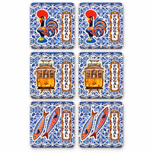 Load image into Gallery viewer, Portuguese Azulejo Coaster Set with Cork Backing – Rooster, Tram &amp; Sardines, Set of 6

