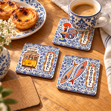 Load image into Gallery viewer, Portuguese Azulejo Coaster Set with Cork Backing – Rooster, Tram &amp; Sardines, Set of 6
