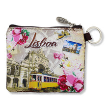 Load image into Gallery viewer, Lisboa Portugal Coin Purse with Pink Floral Motifs, Yellow Lisbon Tram Design, Zipper Closure
