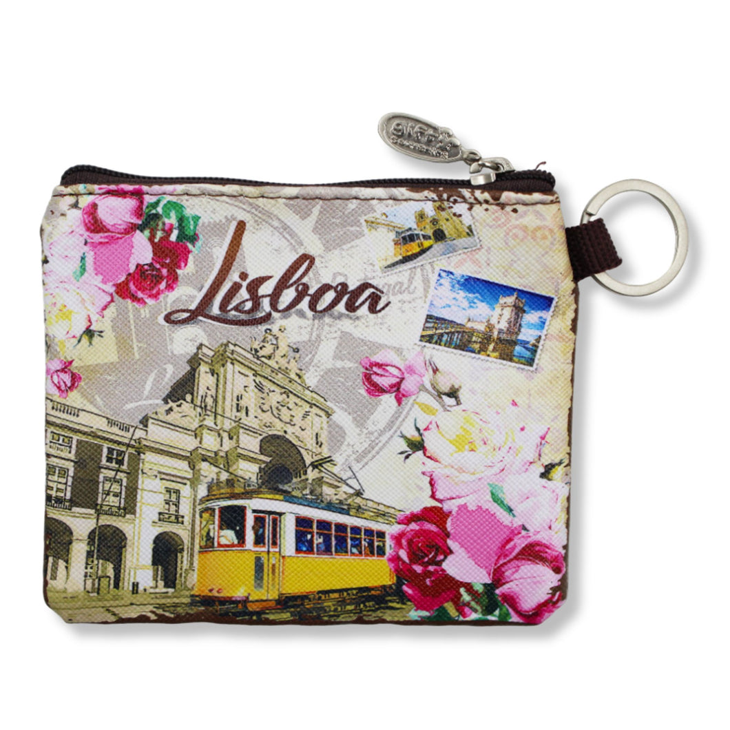 Lisboa Portugal Coin Purse with Pink Floral Motifs, Yellow Lisbon Tram Design, Zipper Closure