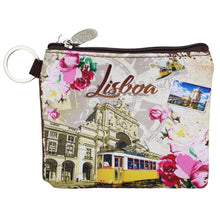 Load image into Gallery viewer, Lisboa Portugal Coin Purse with Pink Floral Motifs, Yellow Lisbon Tram Design, Zipper Closure
