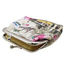 Load image into Gallery viewer, Lisboa Portugal Coin Purse with Pink Floral Motifs, Yellow Lisbon Tram Design, Clasp Closure
