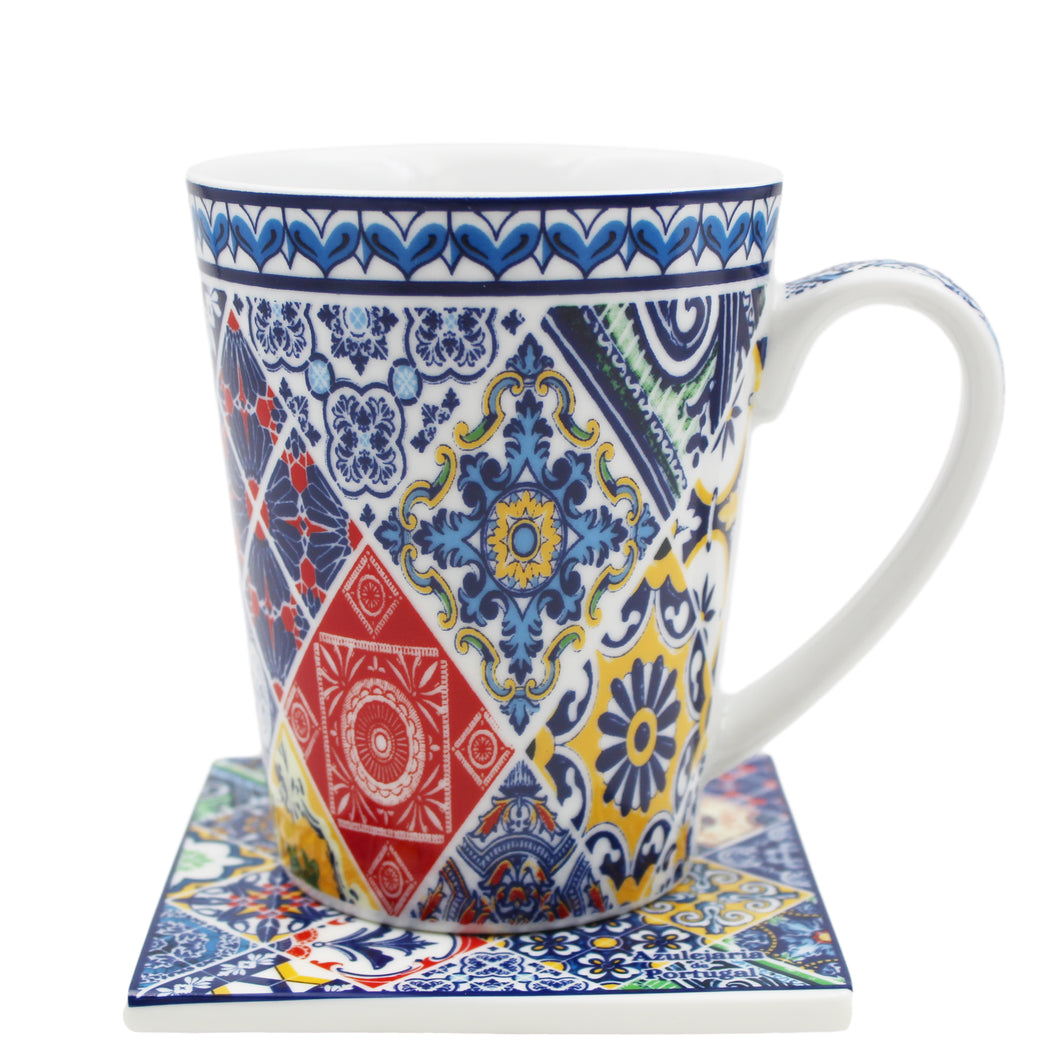 Traditional Blue Multicolor Tile Azulejo Portuguese Ceramic Coffee Mug with Coaster