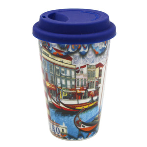 Traditional Portugal Aveiro Blue Ceramic Coffee Mug with Lid