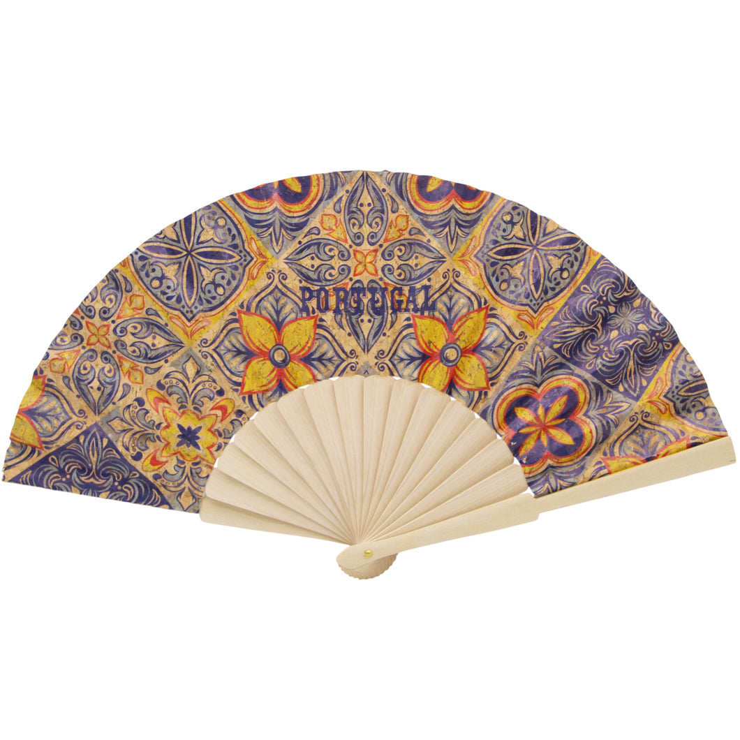 Portuguese Cork Hand Fan – Decorative Folding Fan with Colorful Azulejo Tile Design
