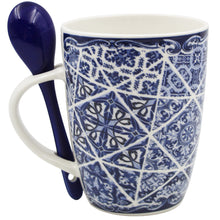 Load image into Gallery viewer, Portuguese Azulejo Blue Tile Patterned Ceramic Mug Set with Stirring Spoon and Gift Box
