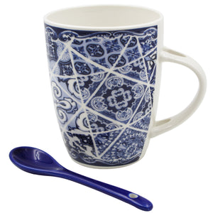 Portuguese Azulejo Blue Tile Patterned Ceramic Mug Set with Stirring Spoon and Gift Box