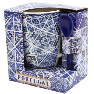 Portuguese Azulejo Blue Tile Patterned Ceramic Mug Set with Stirring Spoon and Gift Box