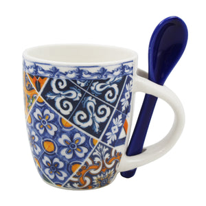 Traditional Blue & Orange Tile Azulejo Ceramic Espresso Cup with Stirring Spoon and Gift Box