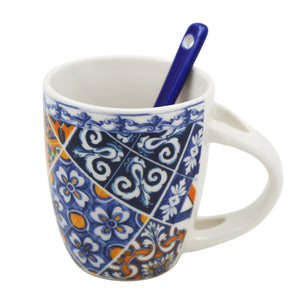 Traditional Blue & Orange Tile Azulejo Ceramic Espresso Cup with Stirring Spoon and Gift Box