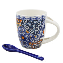 Load image into Gallery viewer, Traditional Blue &amp; Orange Tile Azulejo Ceramic Espresso Cup with Stirring Spoon and Gift Box
