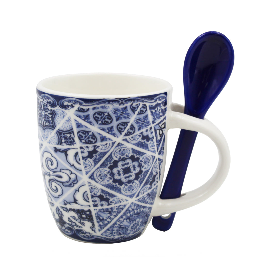 Portuguese Azulejo Blue Tile Patterned Ceramic Espresso Set with Stirring Spoon and Gift Box