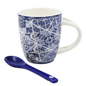 Portuguese Azulejo Blue Tile Patterned Ceramic Espresso Set with Stirring Spoon and Gift Box