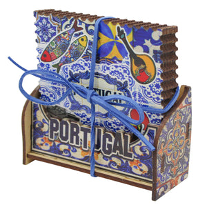 Portuguese Icons & Azulejo Pattern Wooden Coasters - Set of 6 with Holder