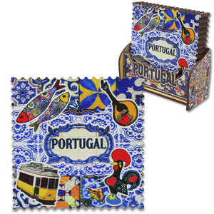 Portuguese Icons & Azulejo Pattern Wooden Coasters - Set of 6 with Holder