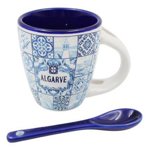 Algarve Blue Azulejo Pattern Ceramic Espresso Cup with Integrated Spoon