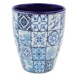 Algarve Blue Azulejo Pattern Ceramic Mug with Integrated Spoon